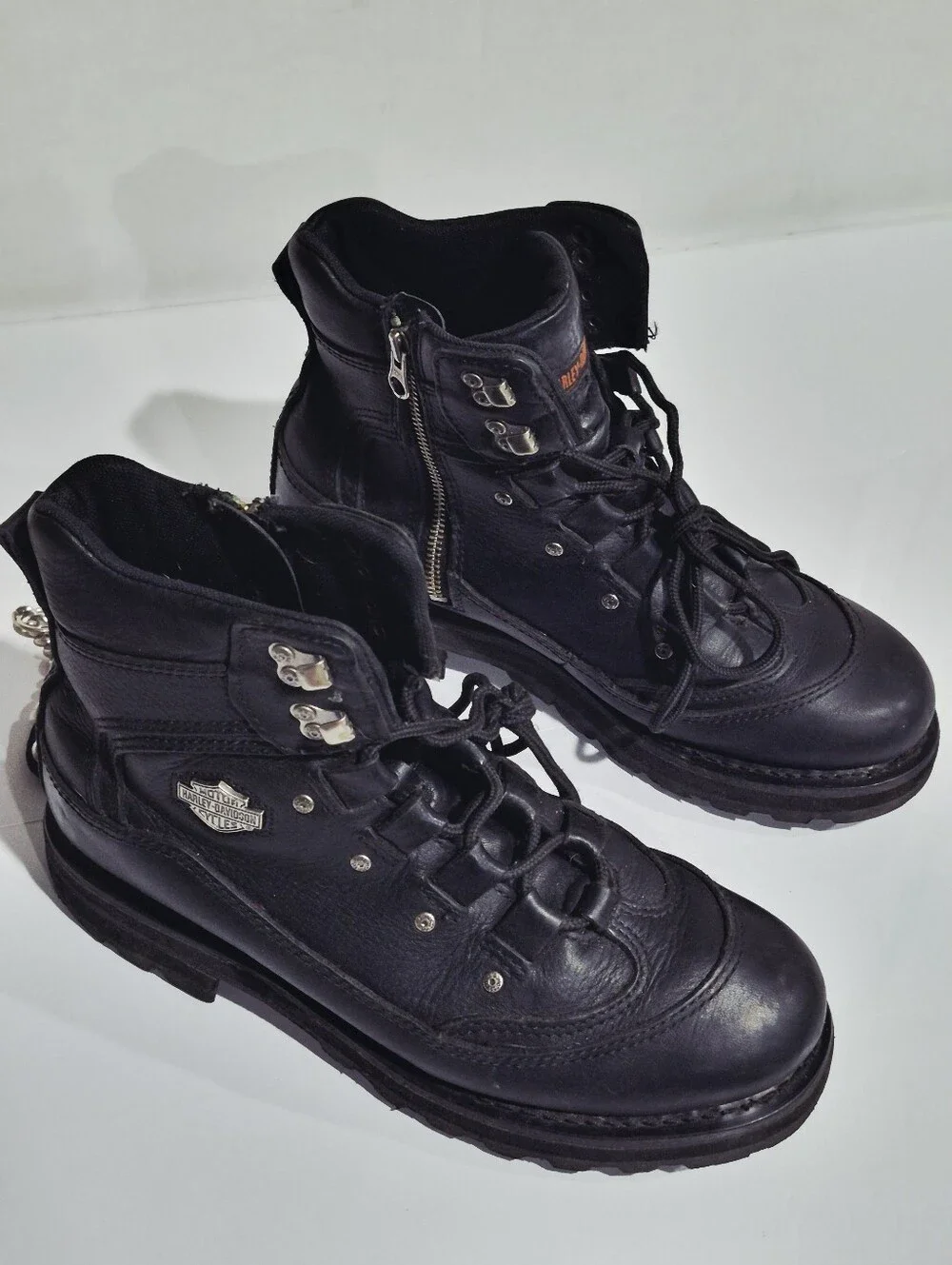 HARLEY DAVIDSONMen's Black Leather Lace-Up Boots with Side Zipper. Size 10